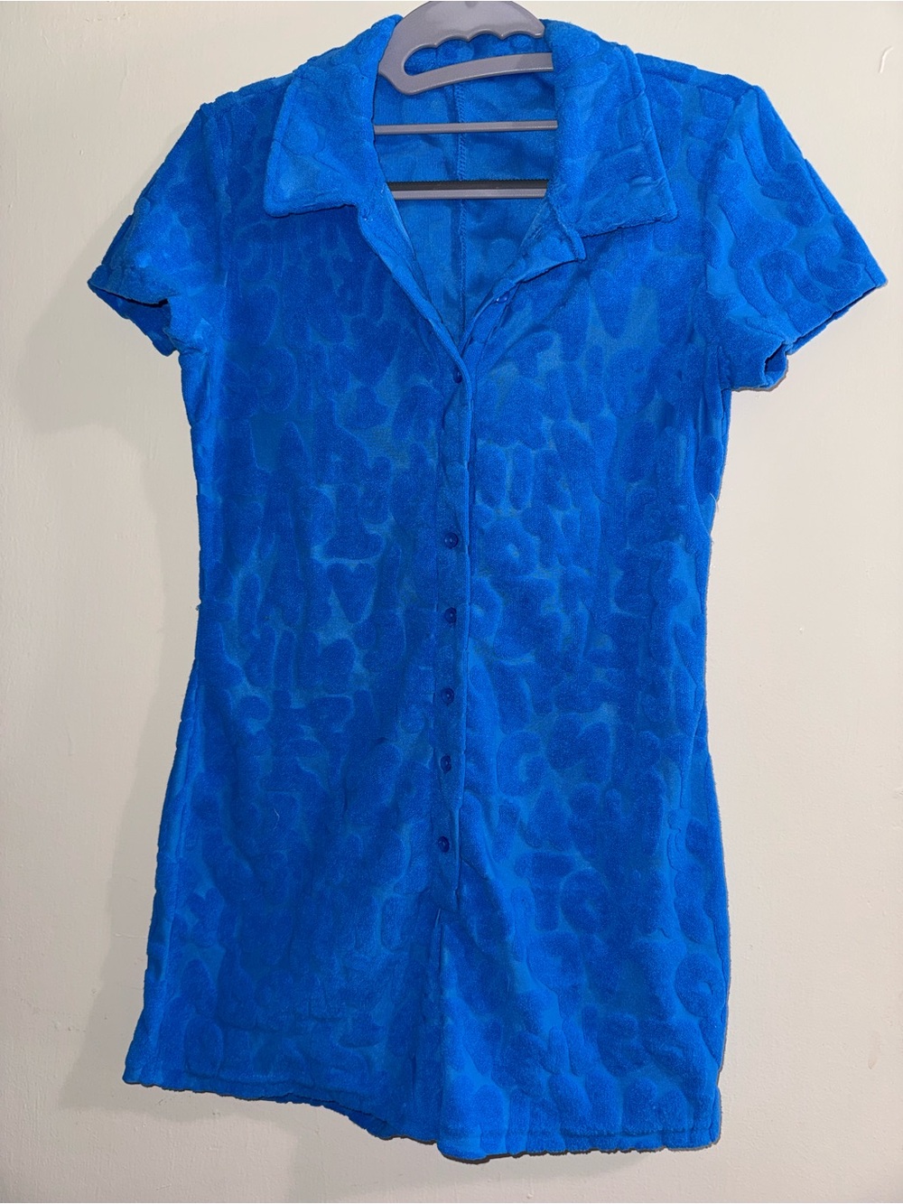 Bright Blue Short Sleeve Button-Up Terry Dress